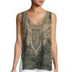 Johnny Was Terraza Camo-Print‎ Embroidered Sleeveless Cotton Shirt Tank Top sm
